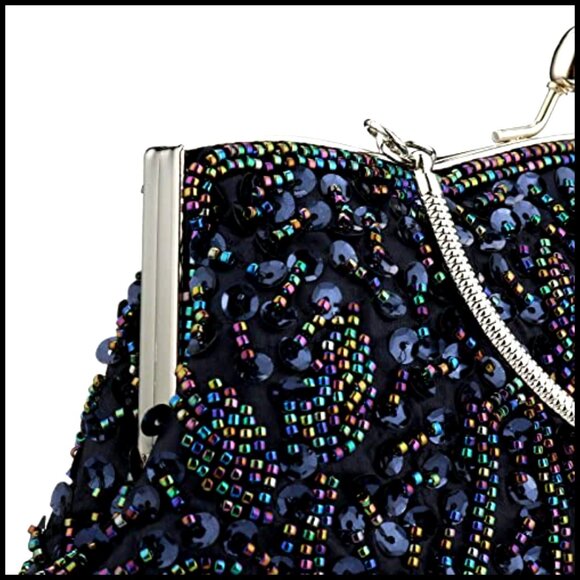 Floral Beaded Sequin Evening Clutch Purse Vintage Kissing Lock Satin Designer
